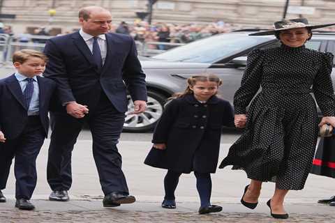 Prince Philip memorial: Kate Middleton, William, George and Charlotte arrive at Westminster Abbey..