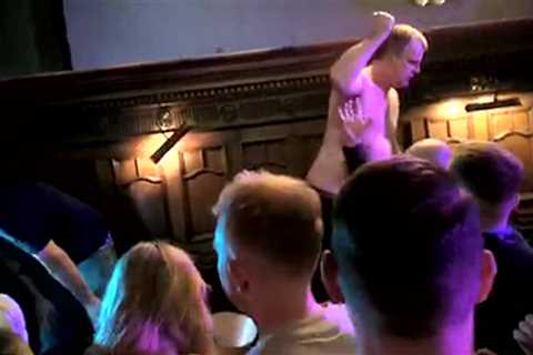 Watch moment Corrie’s Simon Gregson is thrown out of bar after stripping to waist and screaming..