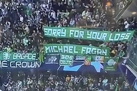 Celtic fans display massive ‘f*** the crown’ banner as players wear black armbands in tribute to..