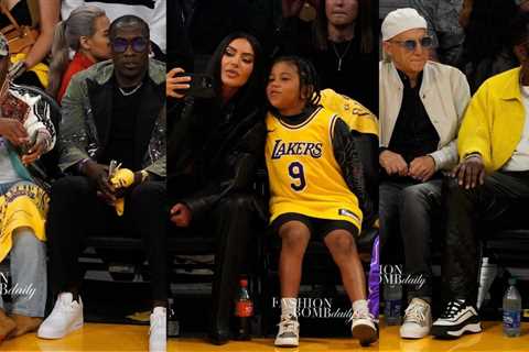 On the Scene at the Lakers Game: Shannon Sharpe in Greg Lauren, Kim Kardashian in Balenciaga, ..