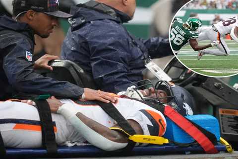 Broncos running back Tyler Badie collapses on sideline, carted off with injury in scary scene