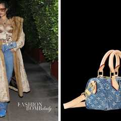 Rihanna Grabbed Dinner in a Vintage Coat, Gold Corset, Blue Jeans and a Louis Vuitton Nano Speedy..