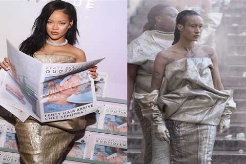 Rihanna Fuels Baby Bump Rumors in Rick Owens Spring 2025 Voluminous Metallic Strapless Dress at..
