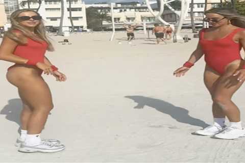 Haley and Hanna Cavinder channel ‘Baywatch’ while twinning in fiery red swimsuits