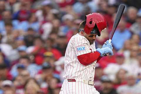 Bryce Harper leaves game after getting hit in surgically repaired elbow