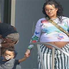 Rihanna Steps Out in Floral Chopova Lowena Blue Chameleon Top and Green-Striped Savage x Fenty..