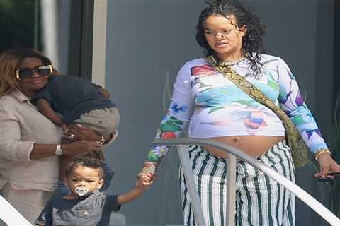 Rihanna Steps Out in Floral Chopova Lowena Blue Chameleon Top and Green-Striped Savage x Fenty..