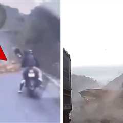 Mountain Mudslide Engulfs Road Workers and Motorcyclists in Harrowing Video