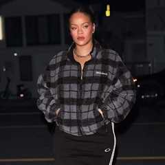 Rihanna Steps Out at Giorgio Baldi in a Checked Gray Miu Miu Jacket, Balenciaga Skirt, and Amina..