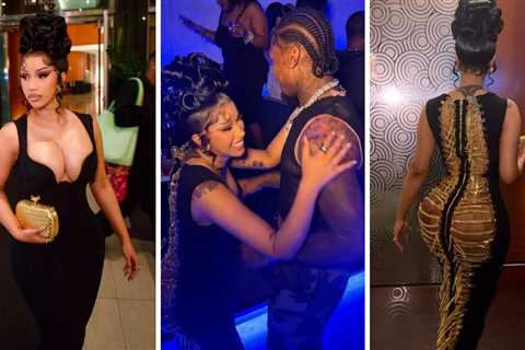 You ask,  we answer! Cardi B wore a Custom Candice Cuoco Dress with Rene Caovilla Sandals for..