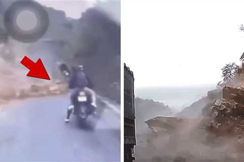 Mountain Mudslide Engulfs Road Workers and Motorcyclists in Harrowing Video