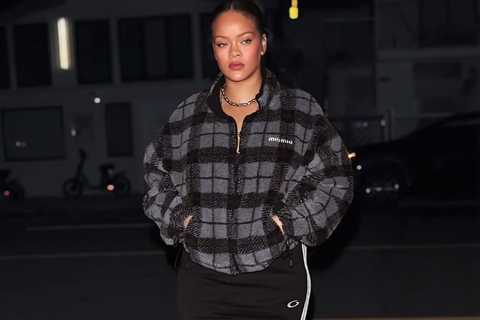 Rihanna Steps Out at Giorgio Baldi in a Checked Gray Miu Miu Jacket, Balenciaga Skirt, and Amina..