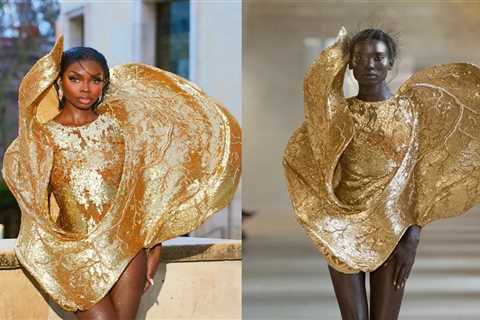 Olandria in a Gold Sculptural Rahul Mishra Couture Gown at Paris Fashion Week