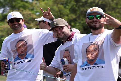 Tiger Woods fans wear shirts with his mugshot during PGA Tour’s Houston Open after DUI crash