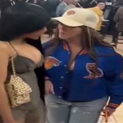 Cardi B in Custom Jenna X1000 and Jordyn Woods in Custom Tailored by Zunyda at the New York Knicks..