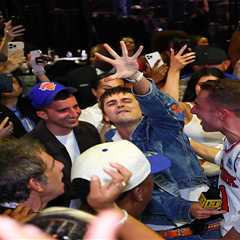 Timothee Chalamet rips off shirt, grabs microphone as Knicks celebration gets crazy