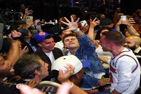 Timothee Chalamet rips off shirt, grabs microphone as Knicks celebration gets crazy